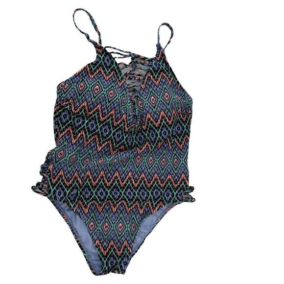 Southwestern One Piece Swimsuit Boho Ladder V Neck Hip Cut Outs Juniors 1X 17 - Picture 1 of 9